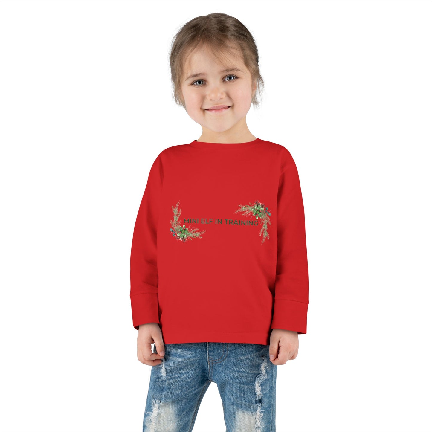 Toddler Long Sleeve Tee — "Mini Elf In Training" Holiday Floral Baby Shirt