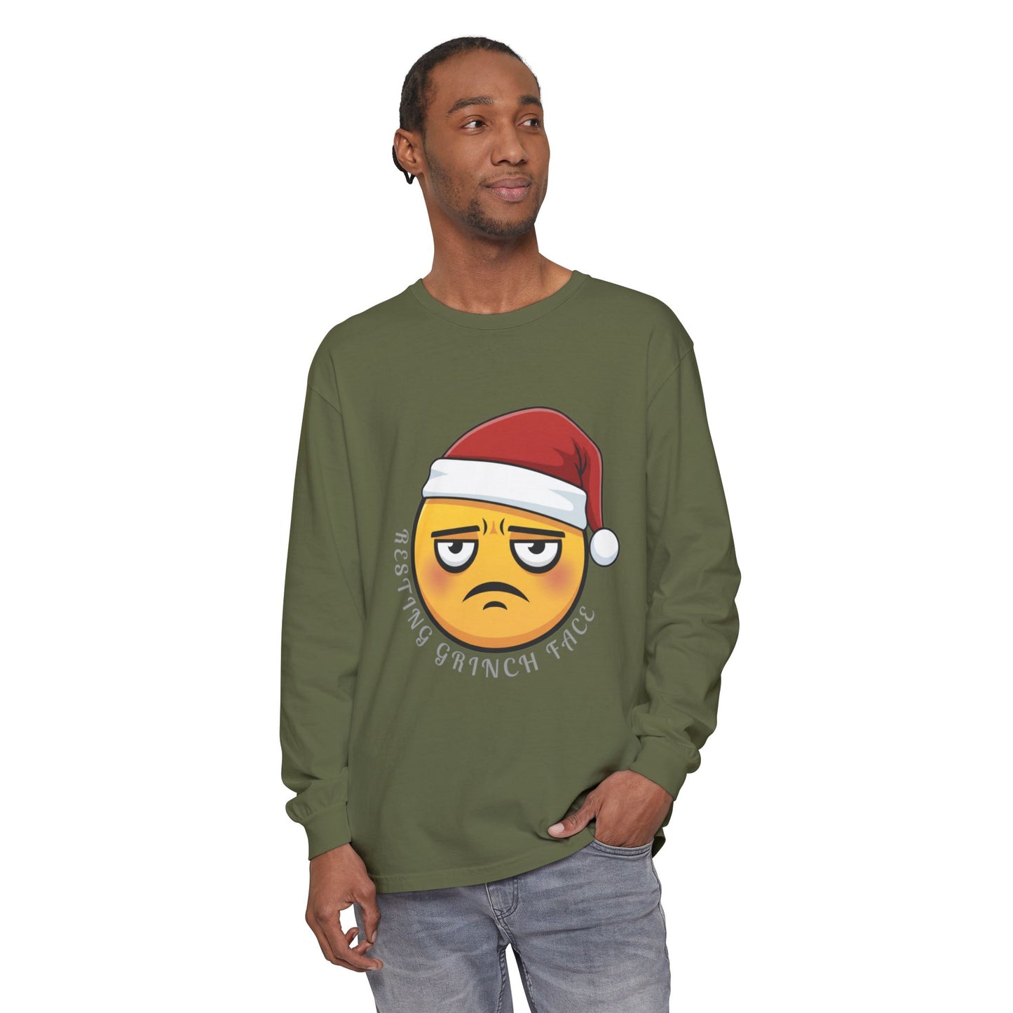 Grinch Face Santa Emoji Long Sleeve Tee — "Resting Grinch Face" Holiday Shirt