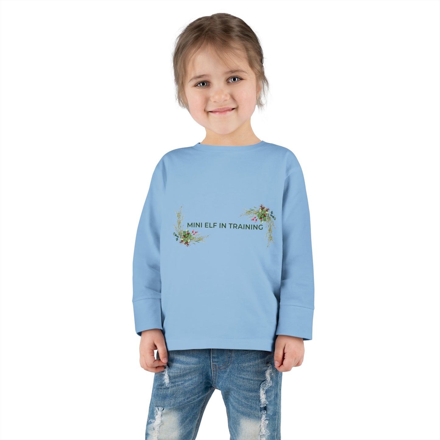 Toddler Long Sleeve Tee — "Mini Elf In Training" Holiday Floral Baby Shirt