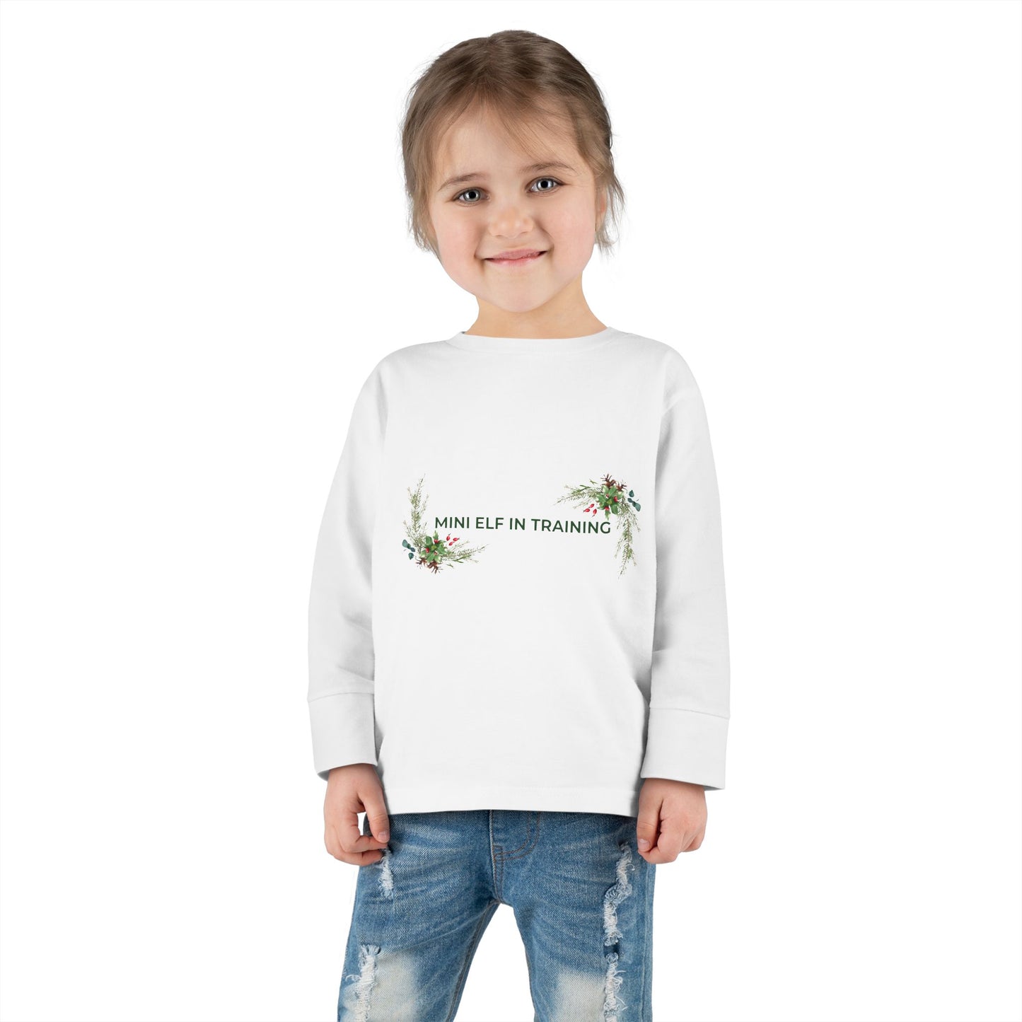Toddler Long Sleeve Tee — "Mini Elf In Training" Holiday Floral Baby Shirt