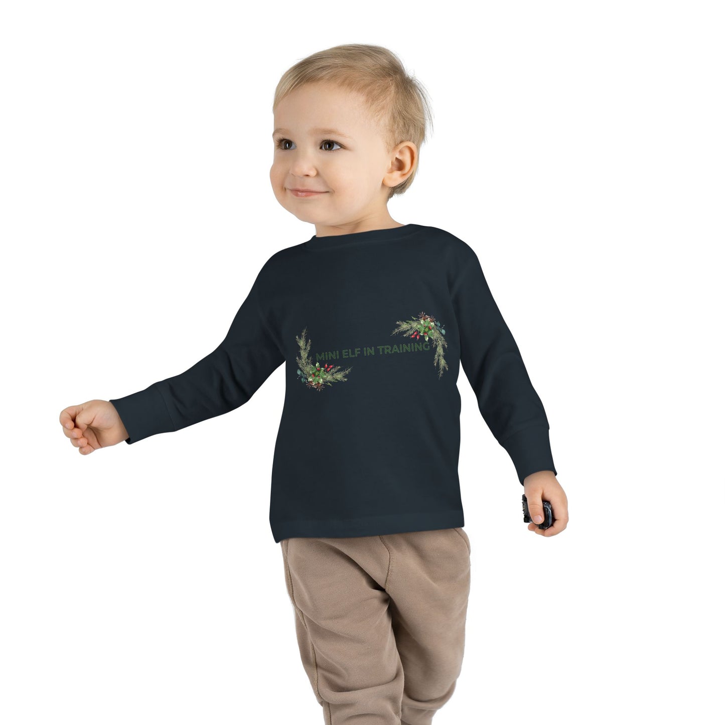 Toddler Long Sleeve Tee — "Mini Elf In Training" Holiday Floral Baby Shirt