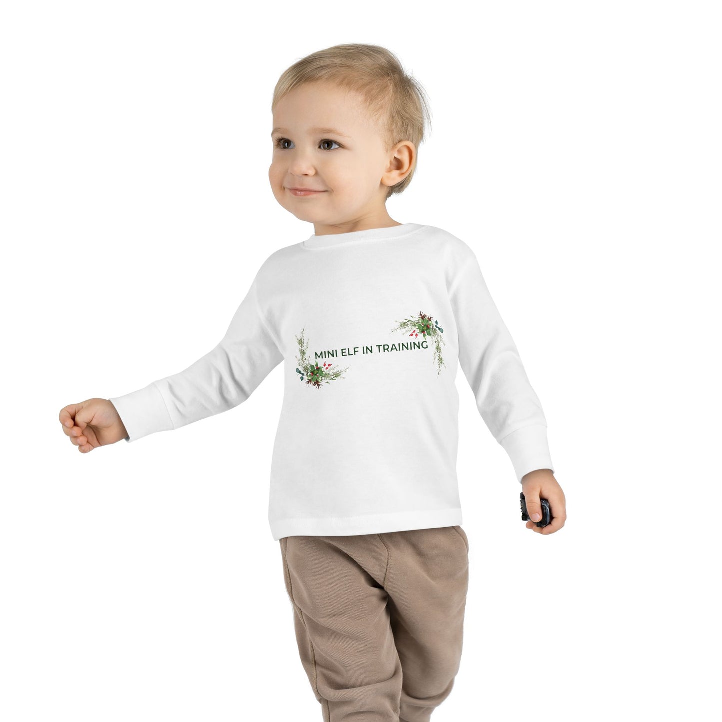 Toddler Long Sleeve Tee — "Mini Elf In Training" Holiday Floral Baby Shirt