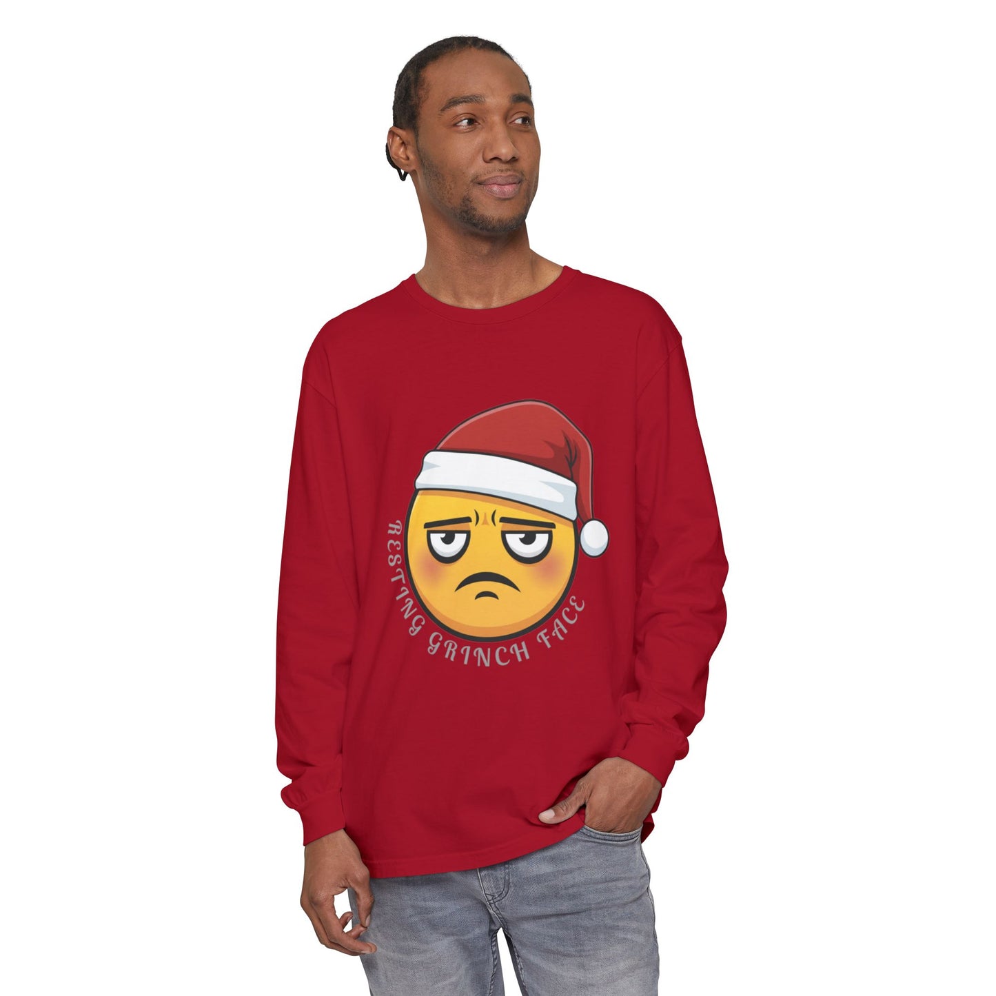 Grinch Face Santa Emoji Long Sleeve Tee — "Resting Grinch Face" Holiday Shirt