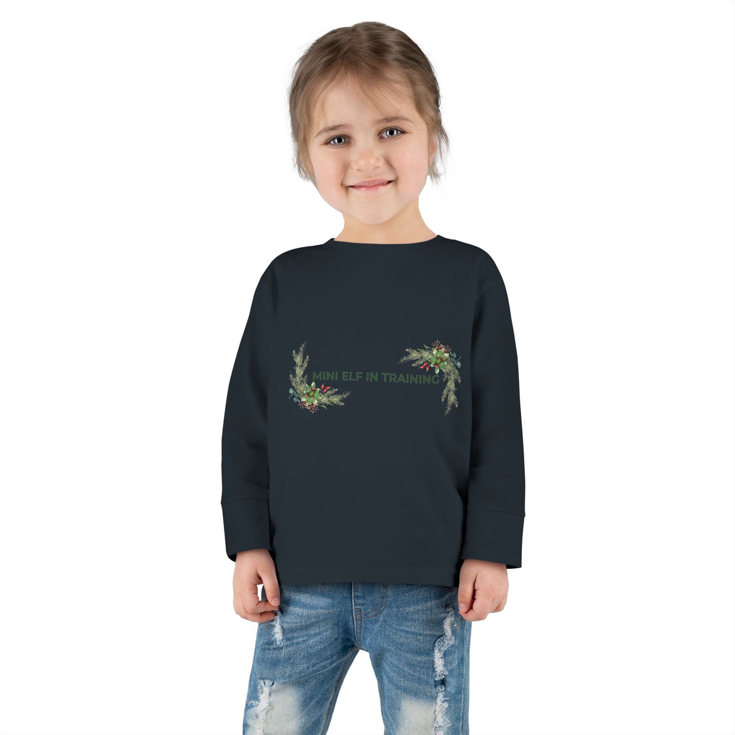Toddler Long Sleeve Tee — "Mini Elf In Training" Holiday Floral Baby Shirt