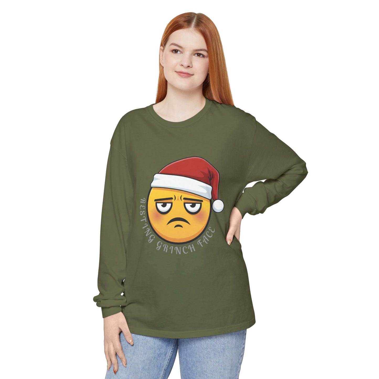 Grinch Face Santa Emoji Long Sleeve Tee — "Resting Grinch Face" Holiday Shirt