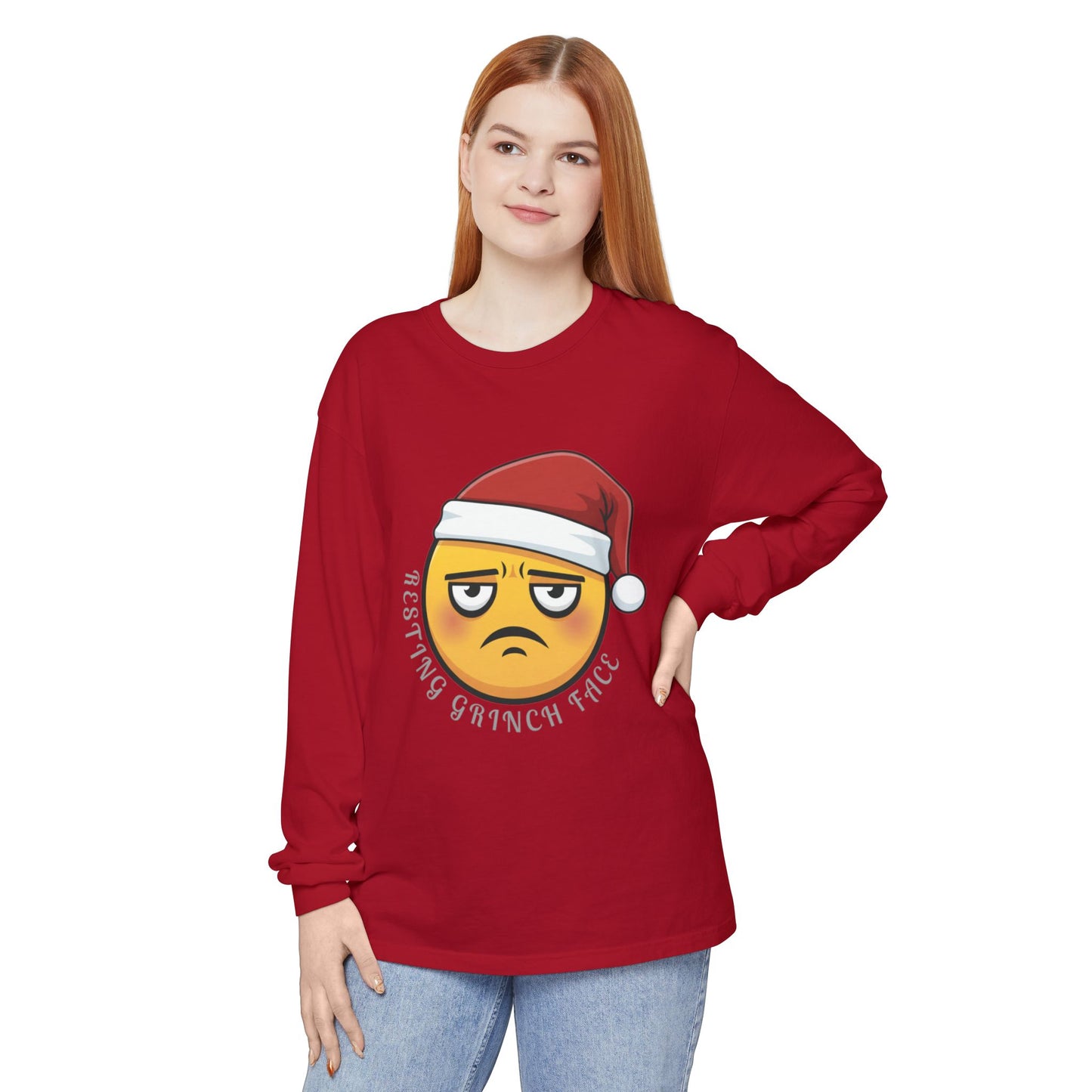 Grinch Face Santa Emoji Long Sleeve Tee — "Resting Grinch Face" Holiday Shirt