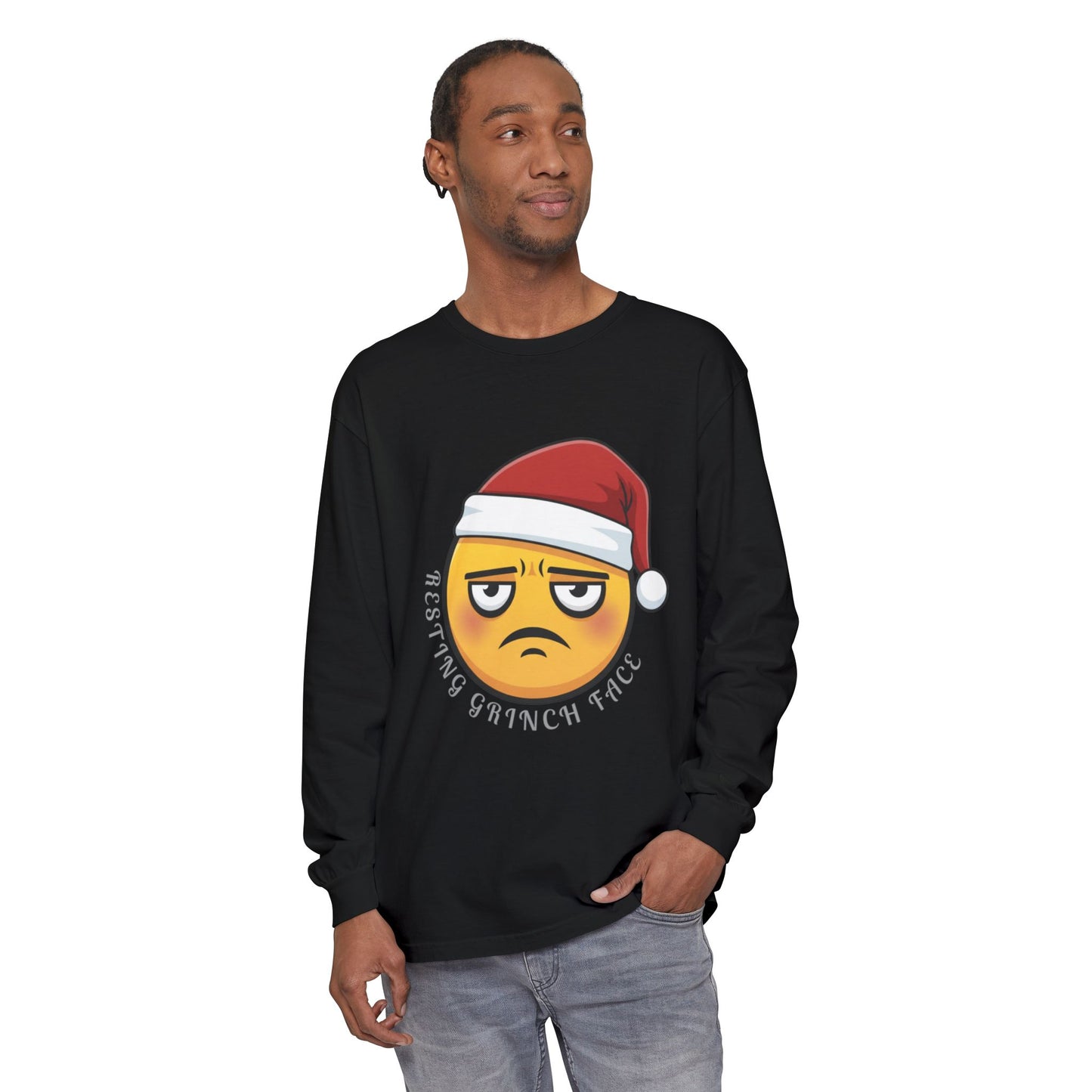 Grinch Face Santa Emoji Long Sleeve Tee — "Resting Grinch Face" Holiday Shirt