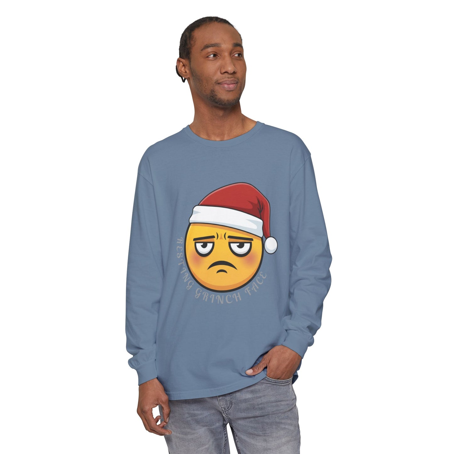 Grinch Face Santa Emoji Long Sleeve Tee — "Resting Grinch Face" Holiday Shirt