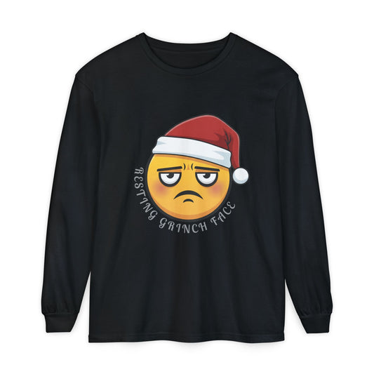 Grinch Face Santa Emoji Long Sleeve Tee — "Resting Grinch Face" Holiday Shirt
