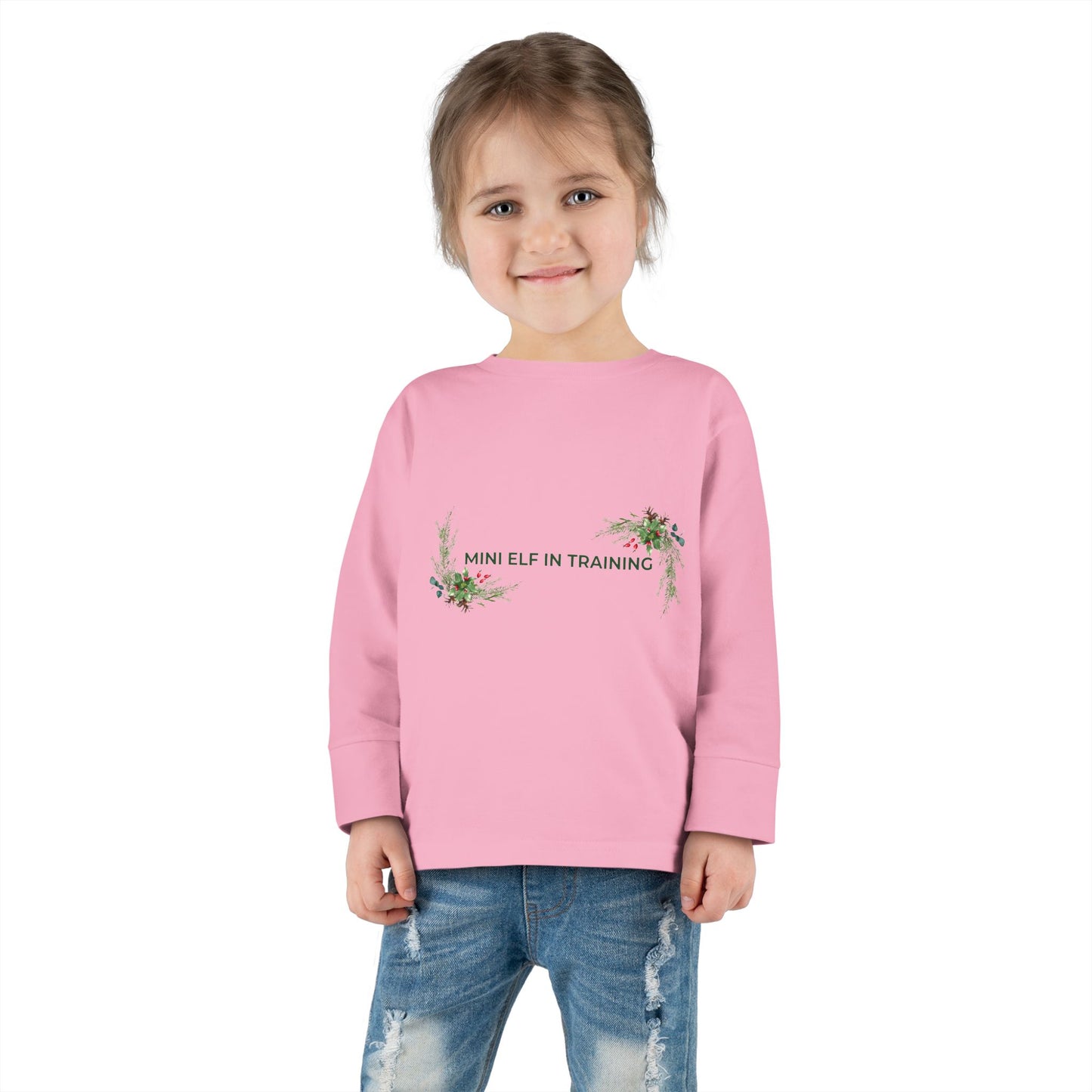 Toddler Long Sleeve Tee — "Mini Elf In Training" Holiday Floral Baby Shirt