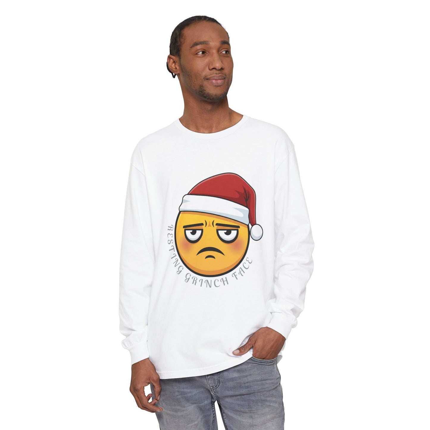 Grinch Face Santa Emoji Long Sleeve Tee — "Resting Grinch Face" Holiday Shirt