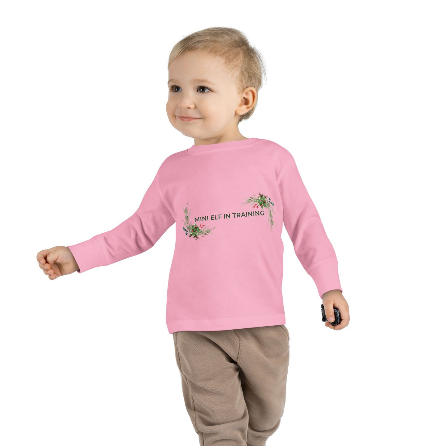 Toddler Long Sleeve Tee — "Mini Elf In Training" Holiday Floral Baby Shirt