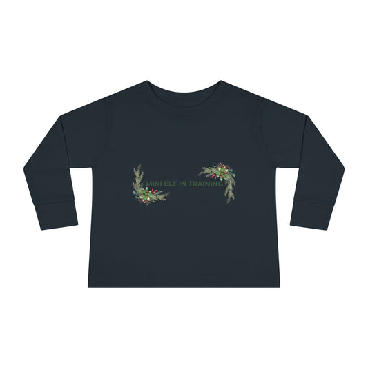 Toddler Long Sleeve Tee — "Mini Elf In Training" Holiday Floral Baby Shirt