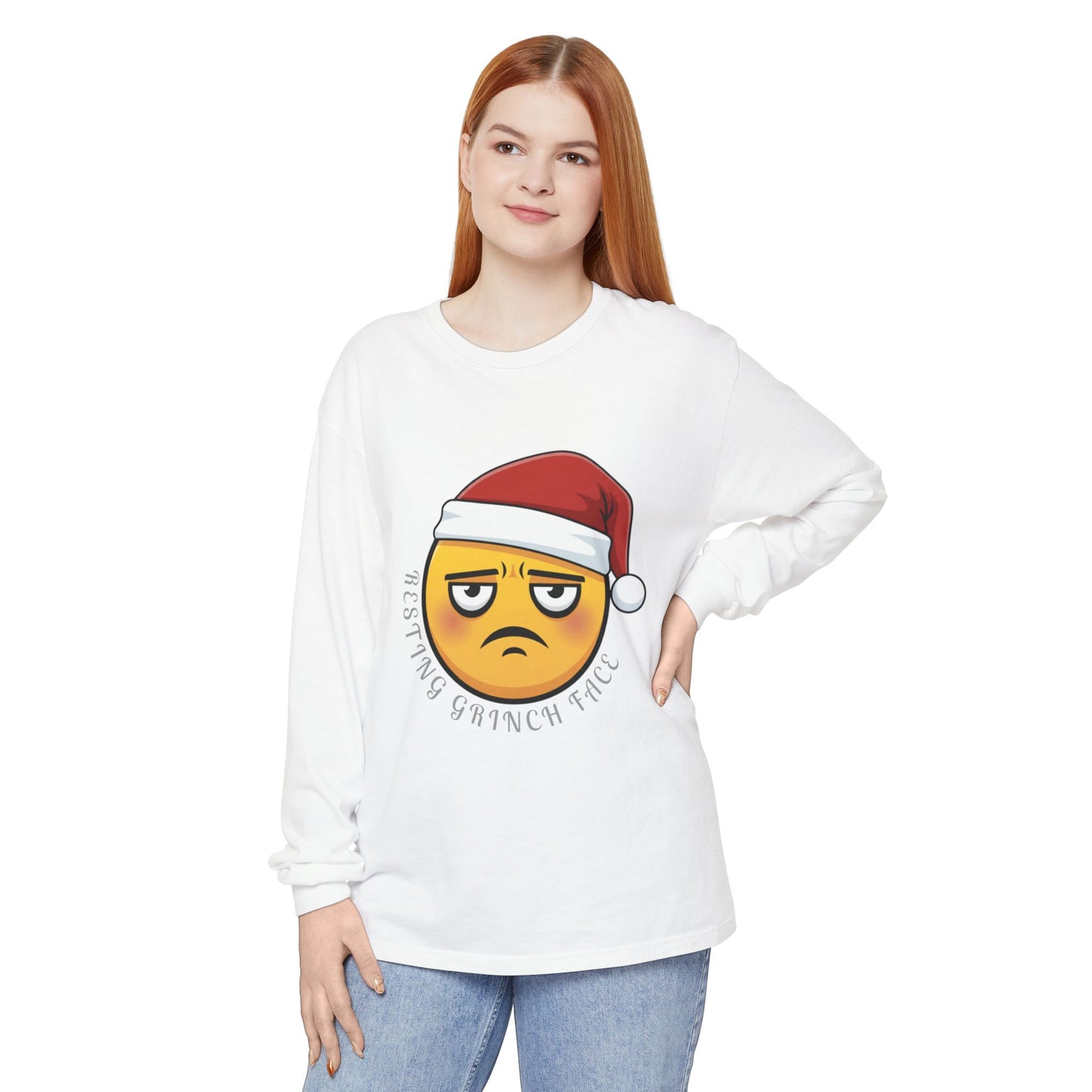 Grinch Face Santa Emoji Long Sleeve Tee — "Resting Grinch Face" Holiday Shirt