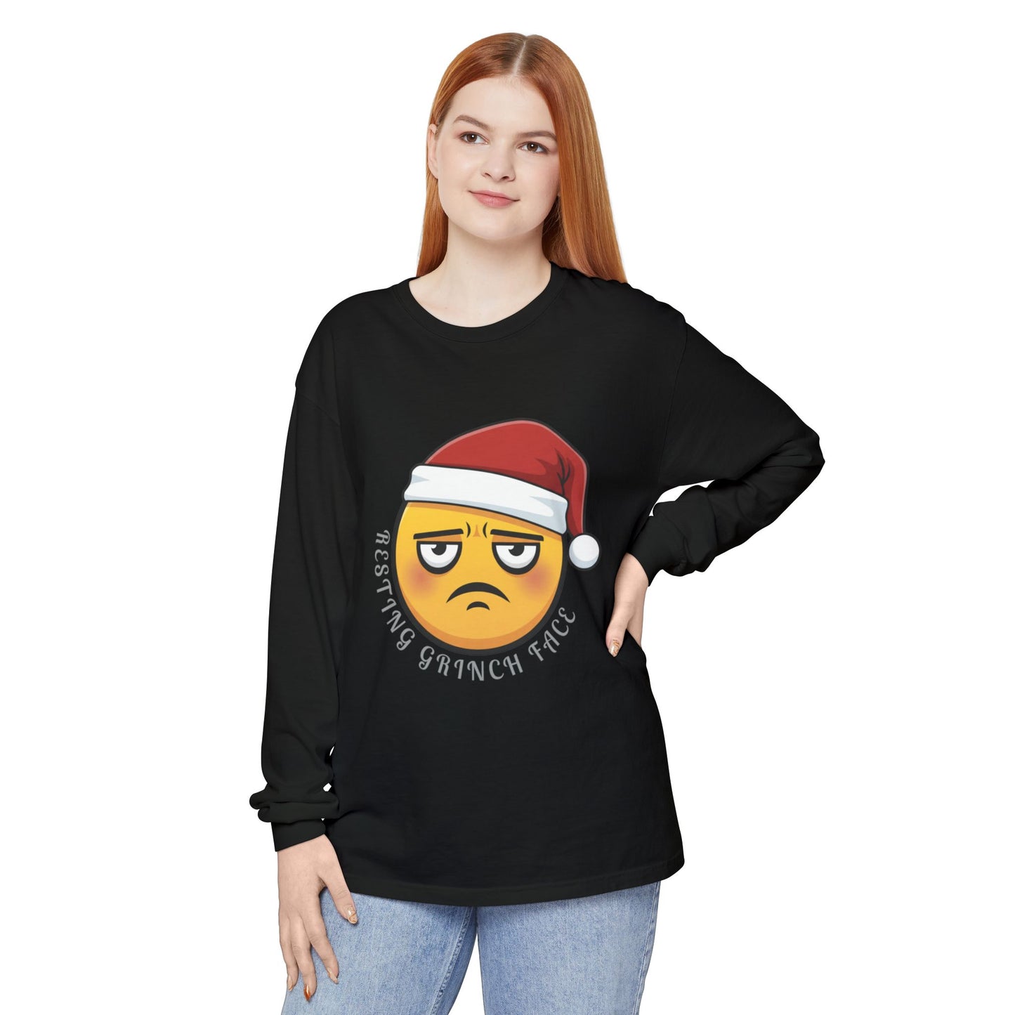 Grinch Face Santa Emoji Long Sleeve Tee — "Resting Grinch Face" Holiday Shirt