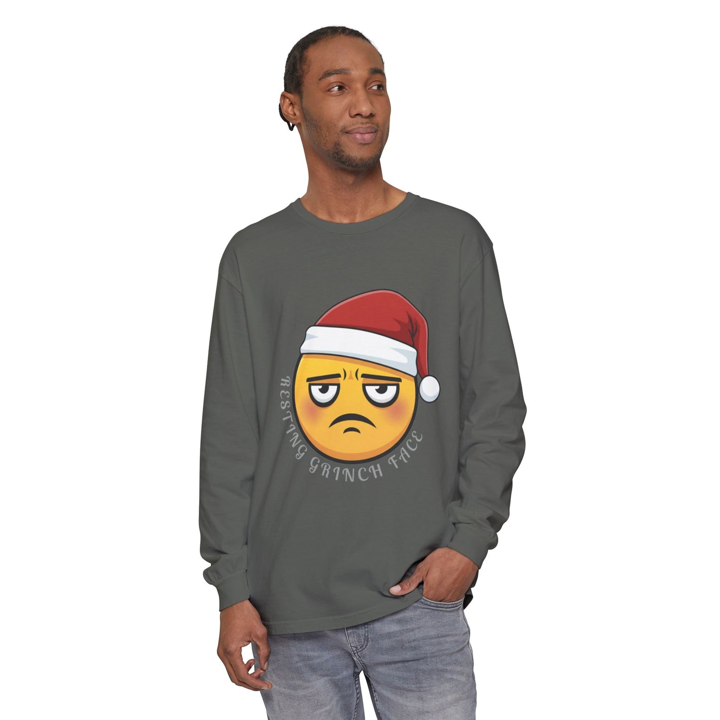 Grinch Face Santa Emoji Long Sleeve Tee — "Resting Grinch Face" Holiday Shirt