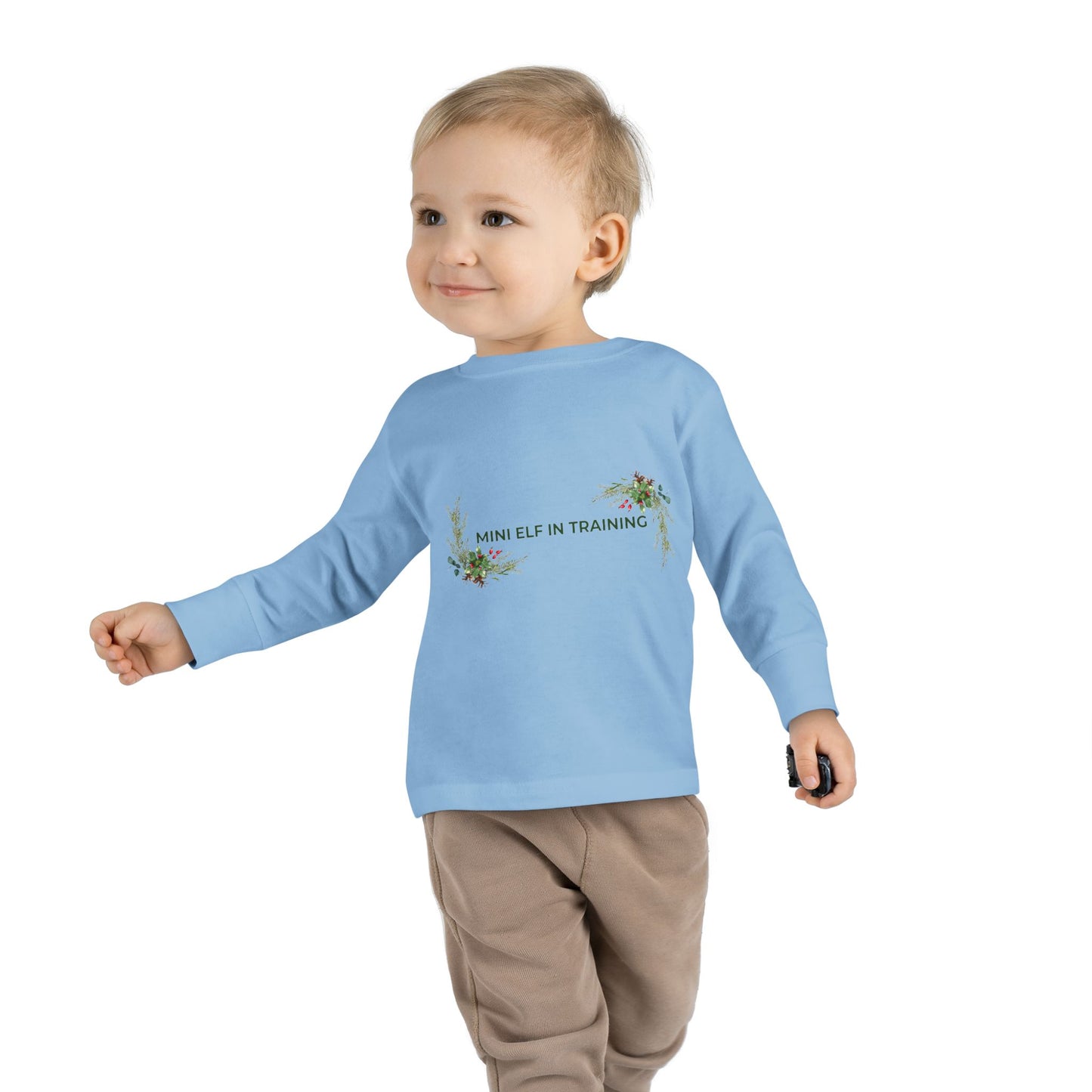 Toddler Long Sleeve Tee — "Mini Elf In Training" Holiday Floral Baby Shirt