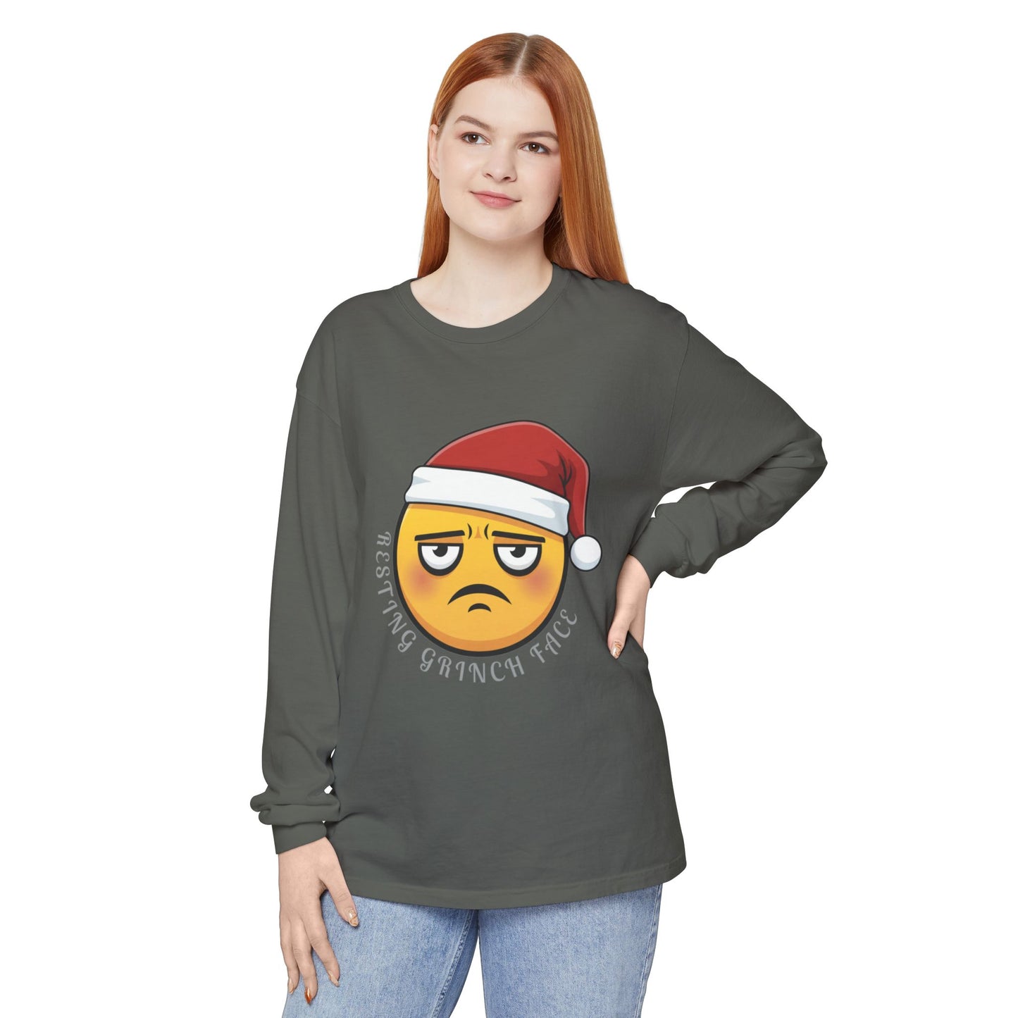 Grinch Face Santa Emoji Long Sleeve Tee — "Resting Grinch Face" Holiday Shirt
