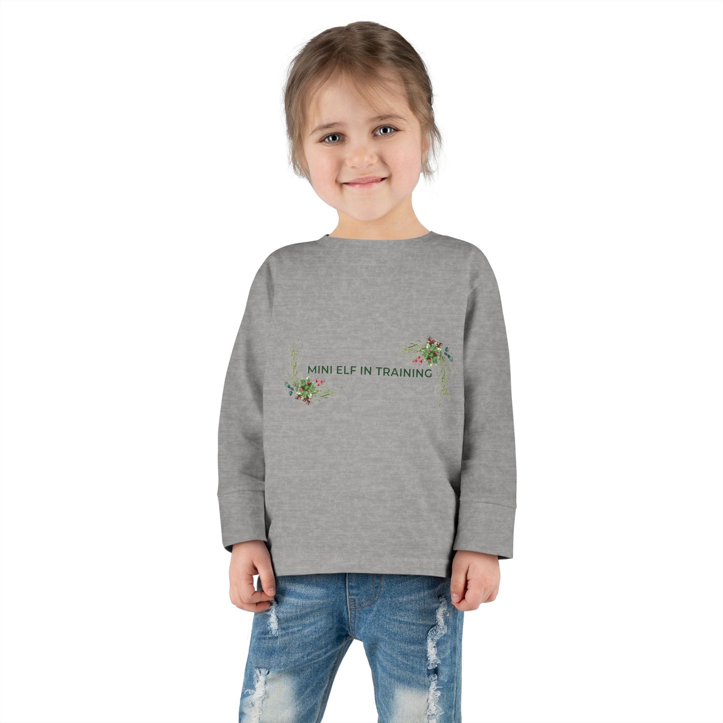 Toddler Long Sleeve Tee — "Mini Elf In Training" Holiday Floral Baby Shirt