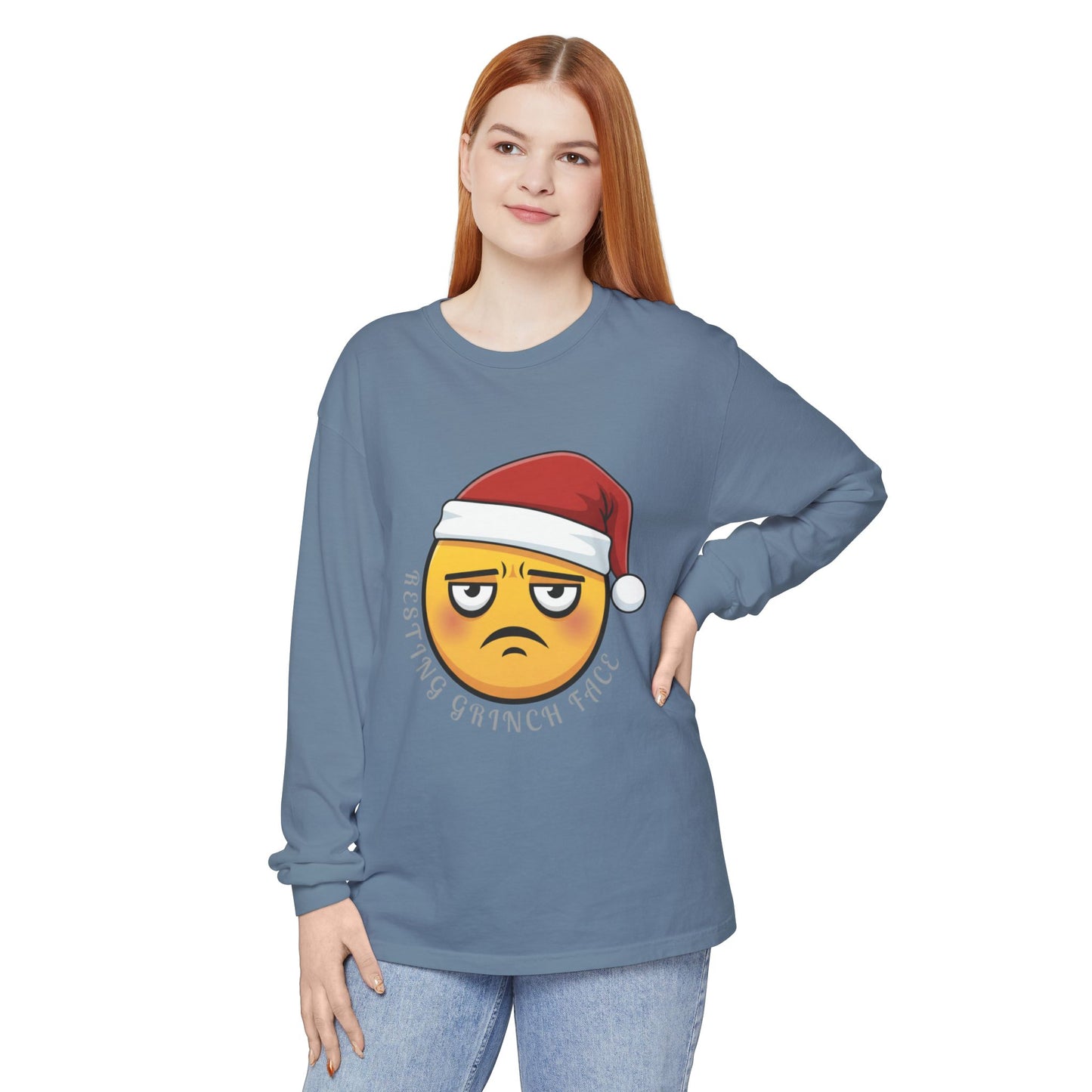 Grinch Face Santa Emoji Long Sleeve Tee — "Resting Grinch Face" Holiday Shirt